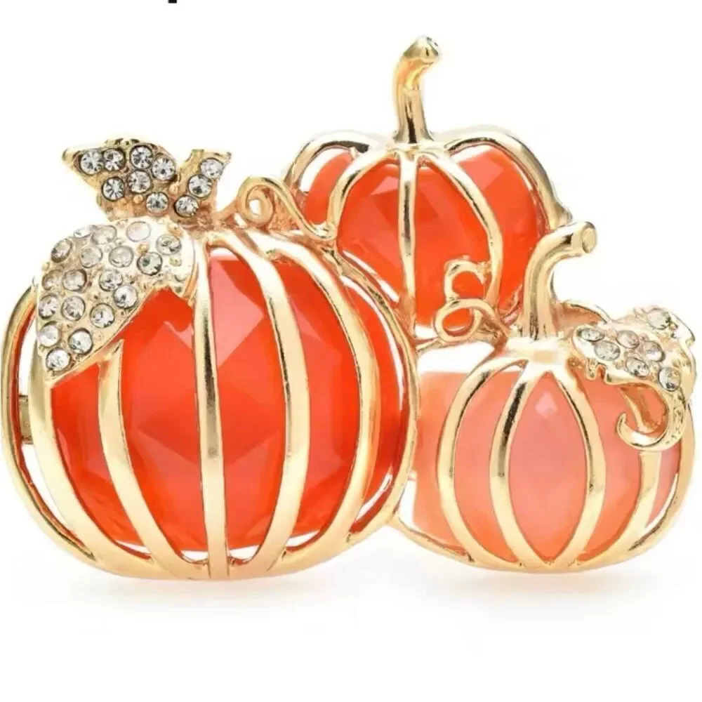 Fall Halloween Rhinestone Crystal Pumpkin Womens Casual Gold Enamel Brooch Pin
